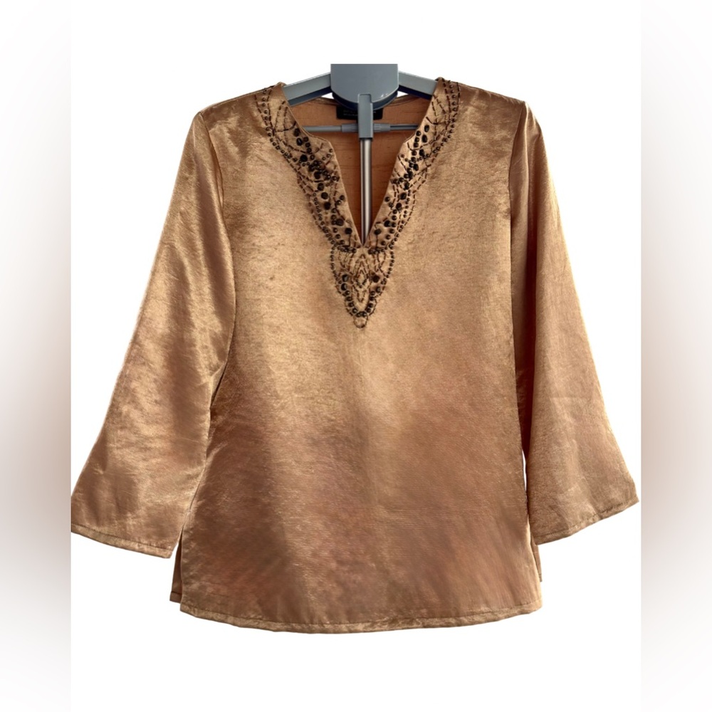 Jones New York Beaded Tunic Blouse Gold Metallic V-Neck Size L